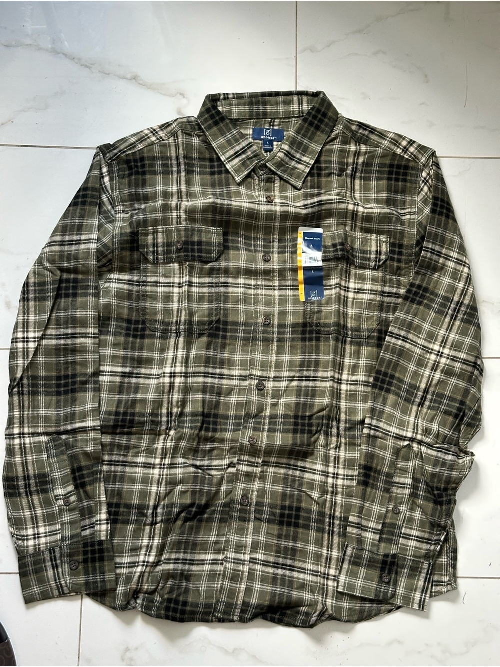 George Men's Olive and Black Plaid Button-Down Shirt